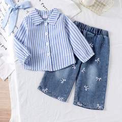 Children's clothing跨境欧美蓝色条纹衬衫+牛仔长裤亚马逊童装