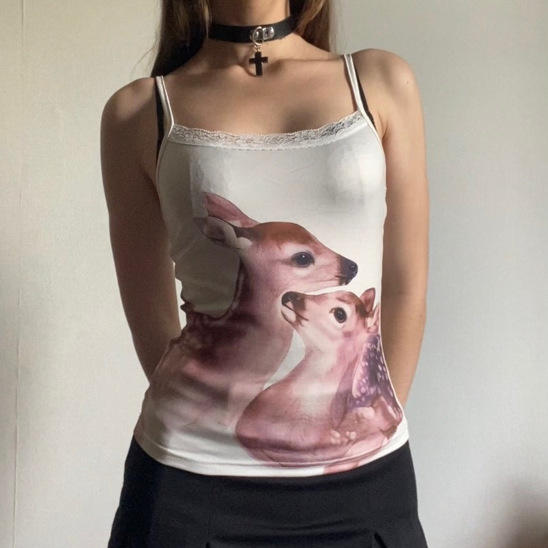2026 Retro Watercolor Deer Print Camisole with Lace Trim, Slim Fit, Short Style, Inner Layer Base Shirt