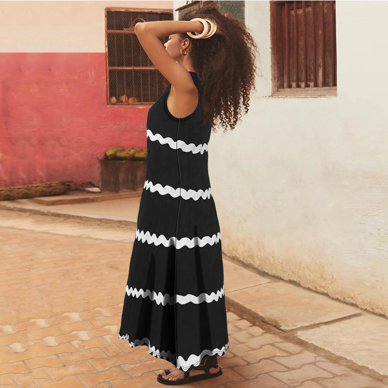 Plus size dames jurk mouwloos met spaghettibandjes gestreept_voghion.com