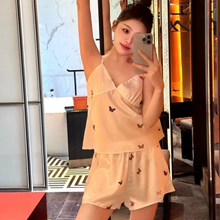 2026新款吊带冰丝睡衣女短裤套装蝴蝶烫钻家居服夏季