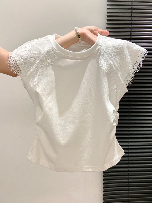 レースステッチ Tシャツレディース 2025 夏新デザインプリーツウエスト右肩ボトムストップス甘い半袖|undefined