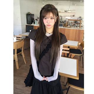 韩国chic气质2026年夏季新款日系叠穿复古娃娃领格子短袖上衣女装