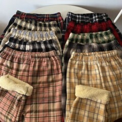 秋冬加绒羊羔绒格子裤女高腰裤垂感休闲阔腿裤家居裤加厚保暖女裤