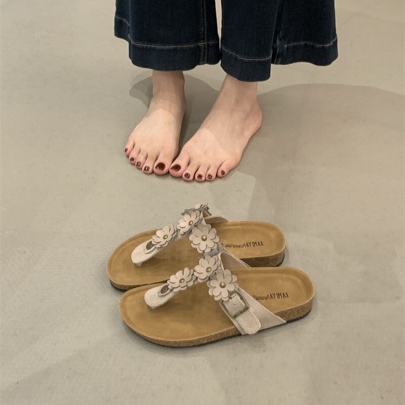 Floral Retro Cork Birkenstock Flip-Flops for Women, Summer Casual Versatile Beach Vacation Style Sandals Floral Retro Cork Birkenstock Flip-Flops for Women, Summer Casual Versatile Beach Vacation Style Sandals