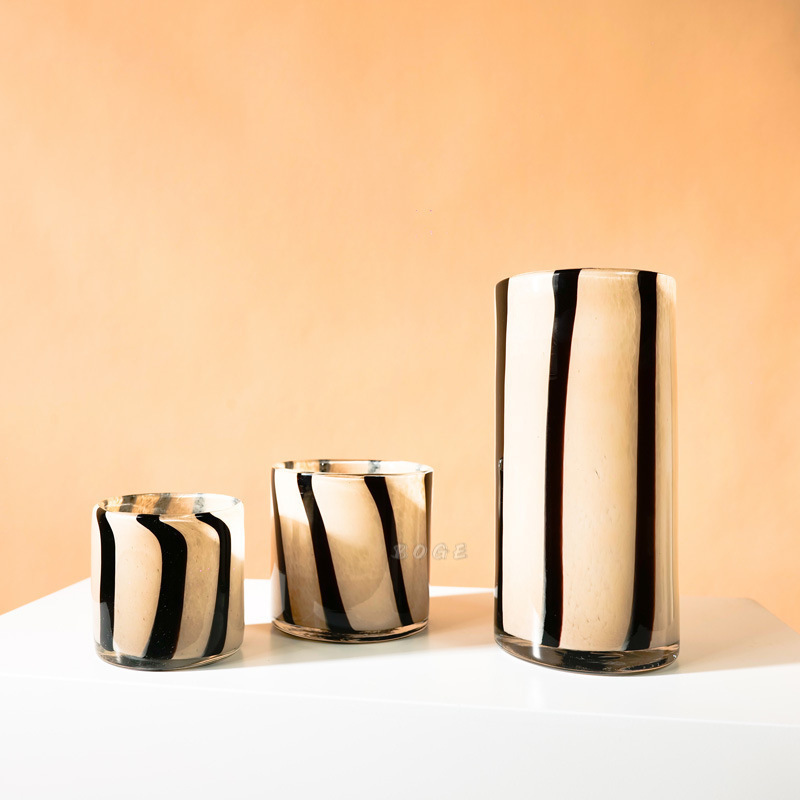 Middle Ancient Style Black Strip Milk Tea Color Creative Straight Glass Vase Candlestick Aromatherapy Candle Cup Flowers Dried Flower Vase