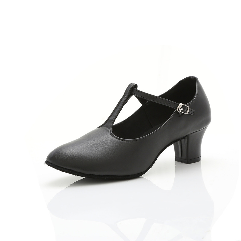 Women's T-Strap Dance Shoes, Black Faux Leather T-Strap Dance Shoes, Salsa Ballroom Mid-Heel Latin High Heels