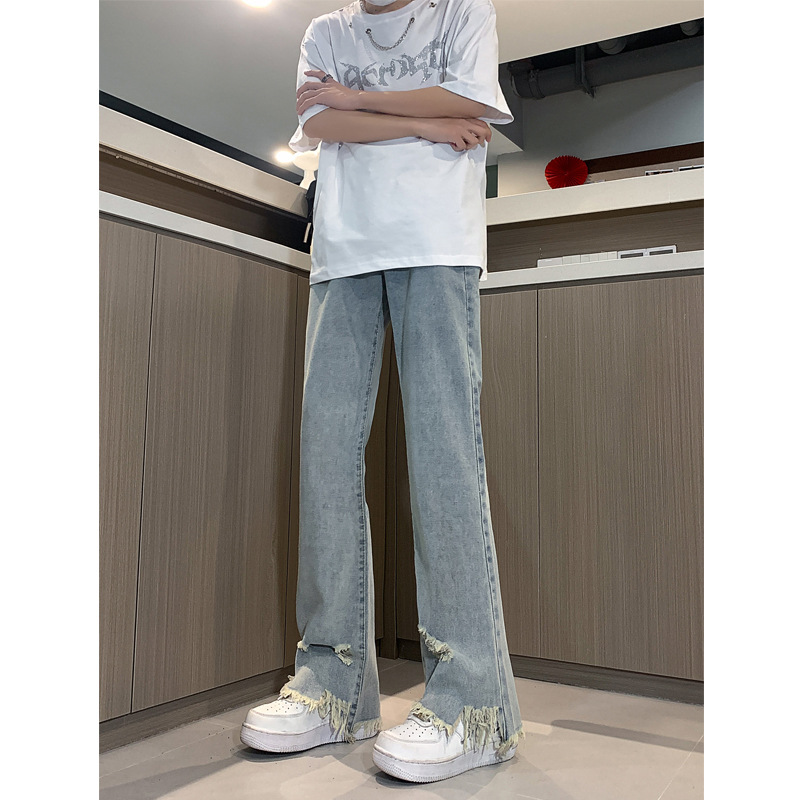 Jeans micro svasati neri puri con fori sui bordi sfrangiati, pantaloni americani high street aderenti e allungati, rossi da uomo e_voghion.com