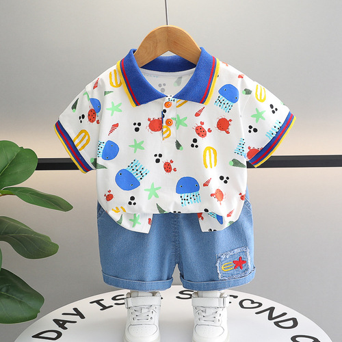 Summer 2024 New Male Children's Set Children's Short Sleeve T-shirt Korean Style Summer Outfit Stylish Set Polo Shirt Trendy