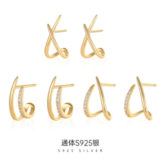 榕树下S925纯银欧美几何双层耳钉女极简ins跨境爆款百搭耳饰批发