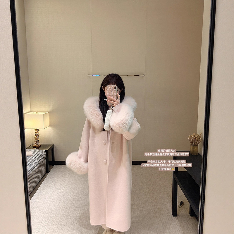 25 New Autumn and Winter High-End Fox Fur Double-Sided Cashmere Outwear Women's Over-The-Knee Hepburn Style Wool Fur Outwear