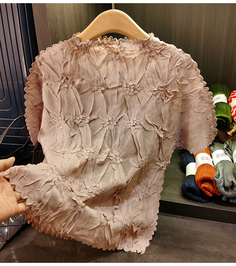 Áo thun nữ tay ngắn cổ tròn chất liệu cotton dập nổi hoa văn nổi cao cấp — Màu đen, Màu đào, Màu trắng, Màu xám chi tiết 22