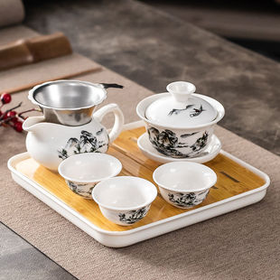Kung Fu Tea Set suit Set Complete Set Complete Set Set of Cover Bowl Small Set Household Water Storage Tray Tea Tray One Cover Bowl Sanxiliang