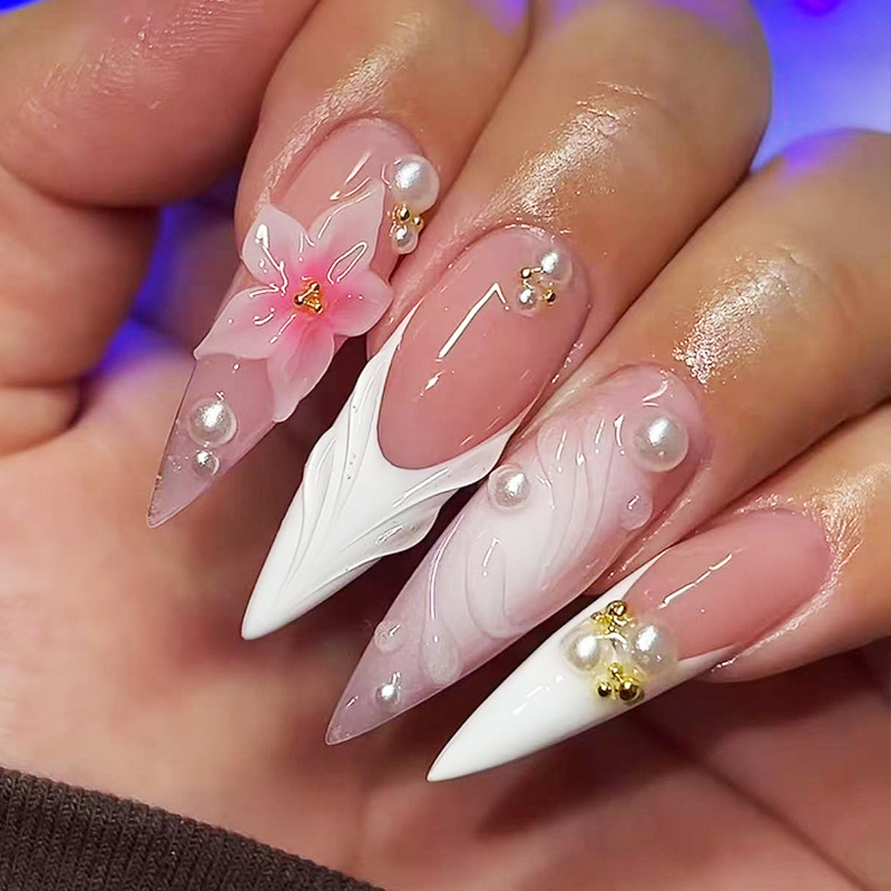 Cross-Border 3D Pink Flower Nail Art Nail Tips Long Almond Nails Fake Nails French Style Pearl Peach Pink Press-On Nails