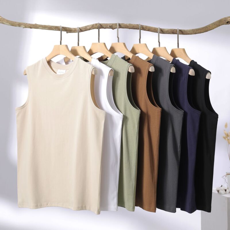 245g Japanese Heavy Cotton Round Neck Sleeveless T-shirt Vest Trendy Brand Solid Color Loose Fitness Running Vest for Men