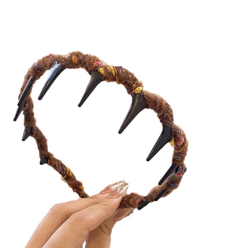 Colorido lana ondulado banda de cabello para mujeres 2024 nuevo tipo con dientes antideslizante de alta sensación de banda de cabeza craneal alta clip para el cabello roto
