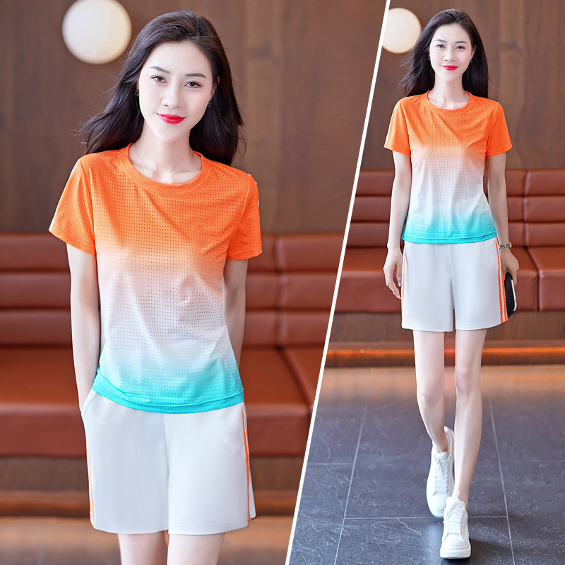 Ice Silk Quick-Dry Mesh Breathable Fashion Casual Sports Suit for Women, Summer Color-Blocking Gradient for Middle-Aged Moms, Suitable for Square Dancing