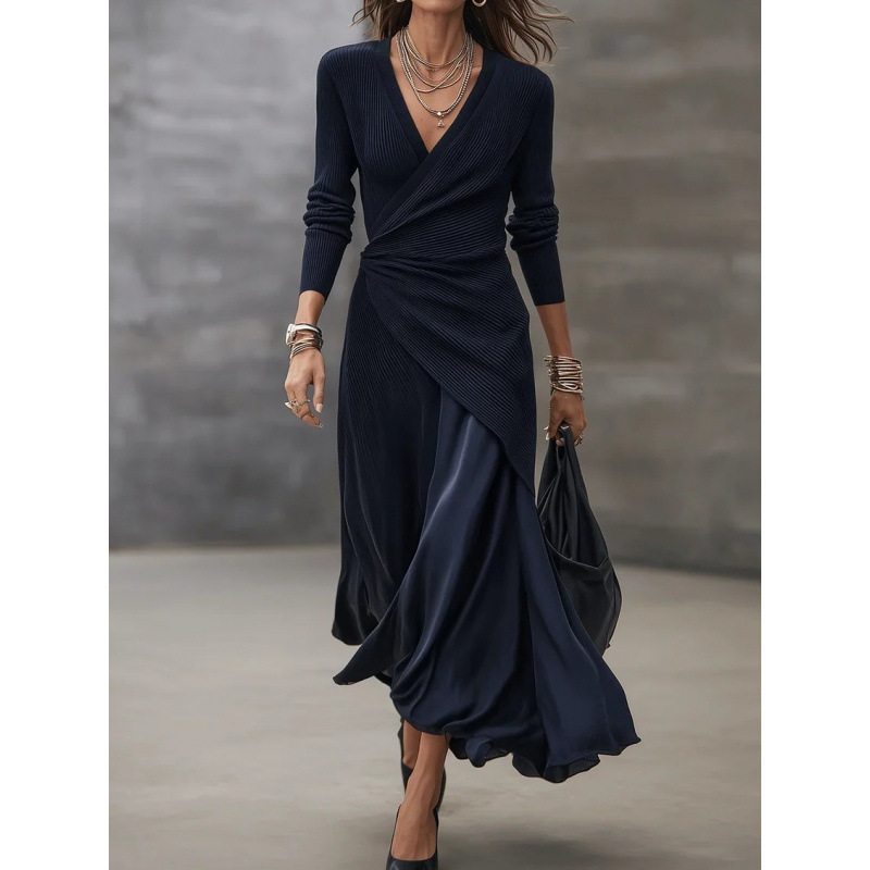 2026 European and American women's dress, featuring a wrap-style knit and satin patchwork design, a sophisticated navy blue color, a fitted waist, and a flowing, full skirt