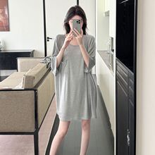 黁白新款网红莫代尔大码宽松睡裙女夏季短袖简约纯色中长款睡衣家