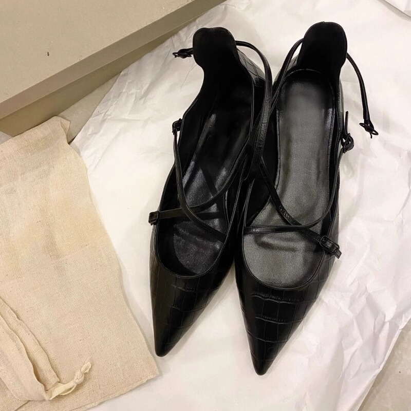 Women's in stock Sheepskin Shoes/Korean High-end Crocodile Pattern Niche One-line Flat Shoes Women's Pointed Toe Shallow Mouth Soft Sole