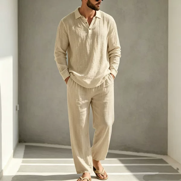Cross-border European and American autumn linen men's casual suit Amazon loose-fitting polo shirt with long sleeves and long pants set