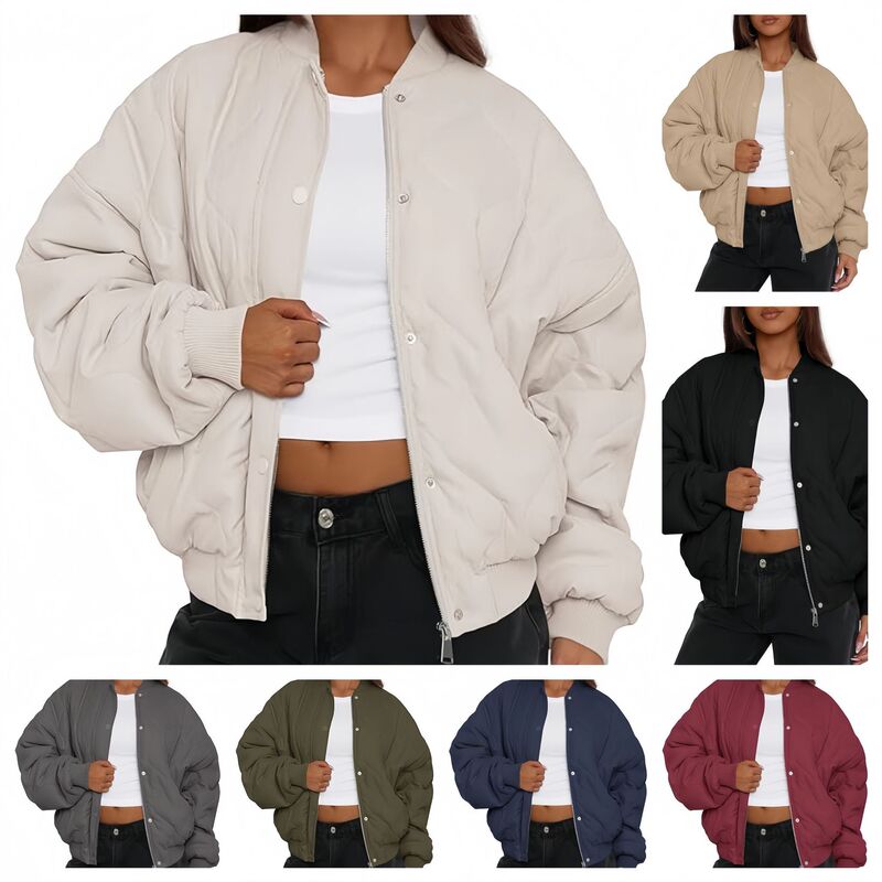 Women's European and American Style Quilted Bomber Jacket, Autumn and Winter Fashion 2026 Zip-Up Coat, Winter Cotton Jacket, Women's Outerwear