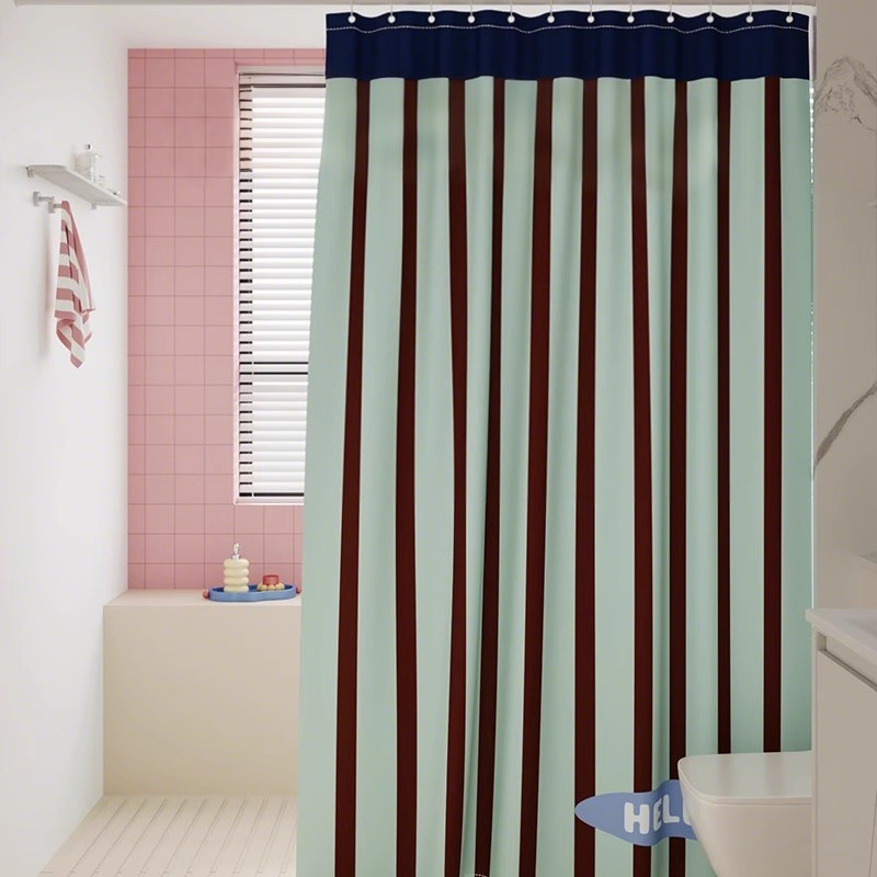 Ins Cream Style Bathroom Shower Curtain Korean Style Stripesd Simple High-End Bathroom Punch-Free Curtain