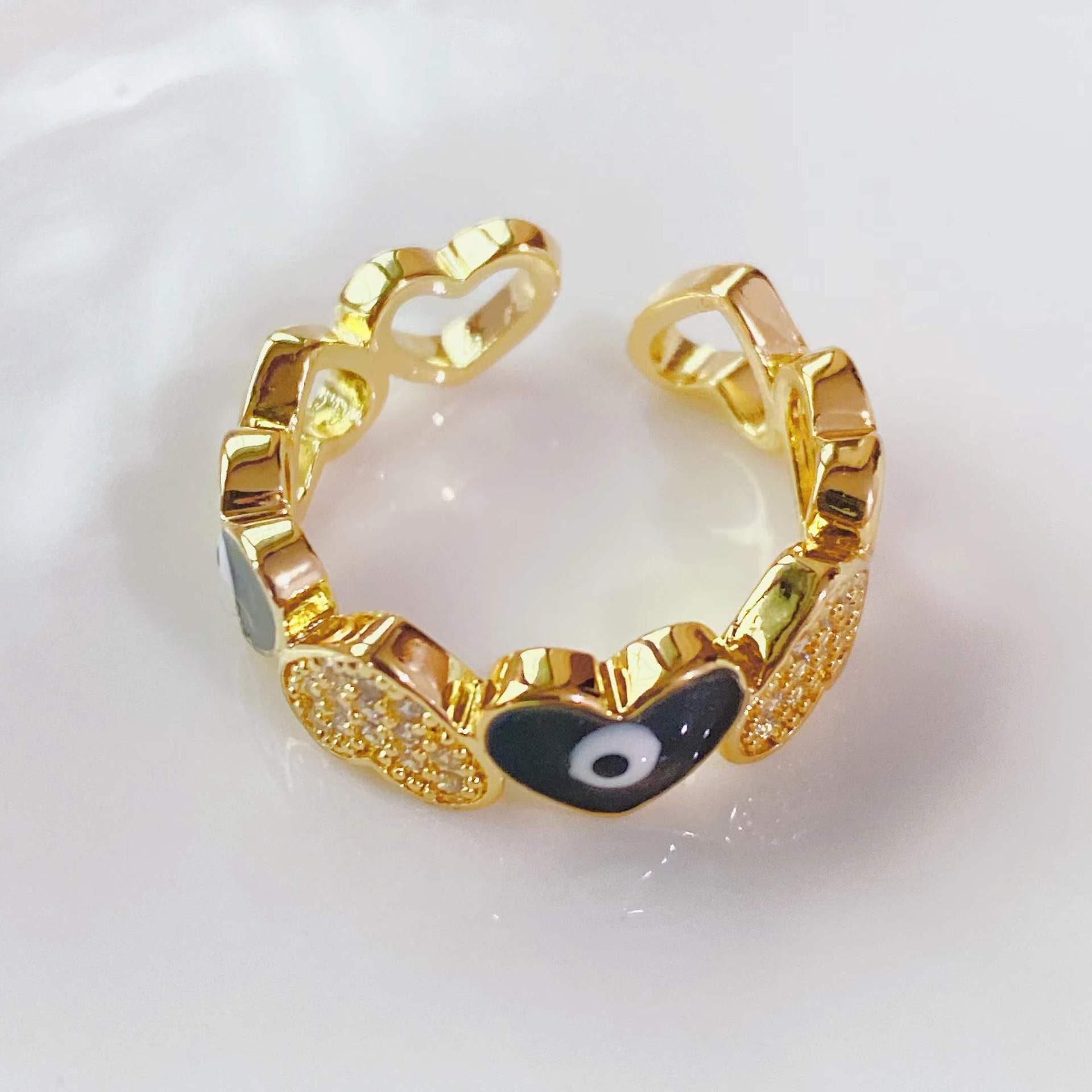 fashion trend ring 18k gold-plated oil drop diamonds heart-shaped eyes open ring