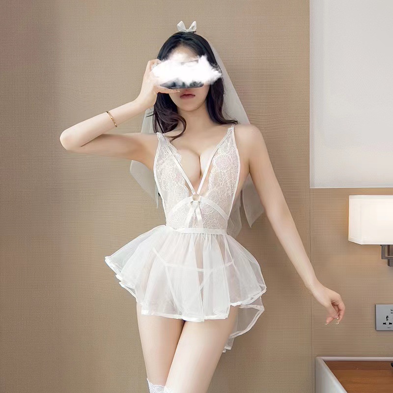 Pure Bride Lace Wedding Dress Lingerie Set with White Stockings, Deep V Sheer Mesh — detail image 2