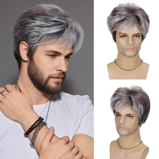 Men's Wig Export Hot-Selling European and American Men's Light Gray Fashionable Chemical Fiber Headgear Middle-Aged and Elderly Elegant Wig Wig