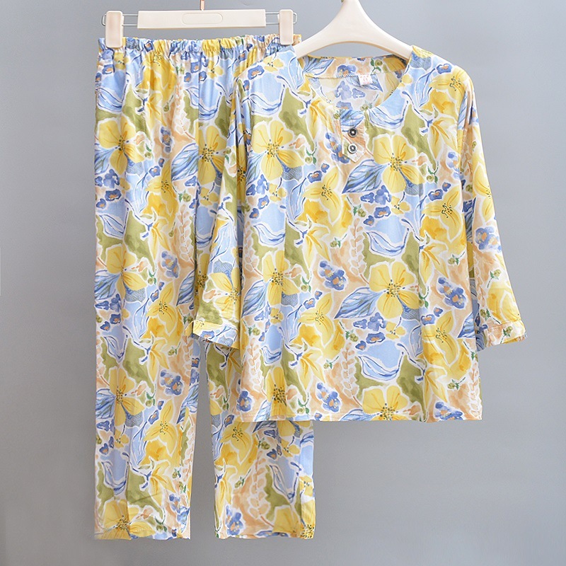 女性用綿シルクパジャマ、夏用薄手、中高年ママ、ゆったり綿シルクホーム服、七分袖お出かけスーツ|undefined