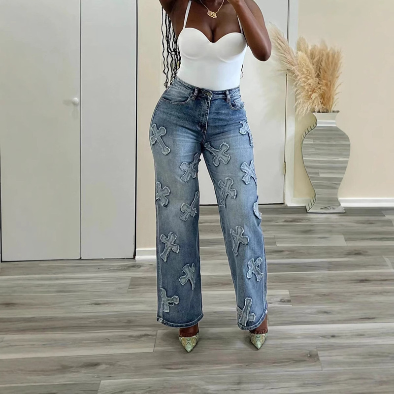 European and American Cross-Border Retro Washed Denim Tassel Cross Patch Straight Women's Jeans European and American Cross-Border Retro Washed Denim Tassel Cross Patch Straight Women's Jeans
