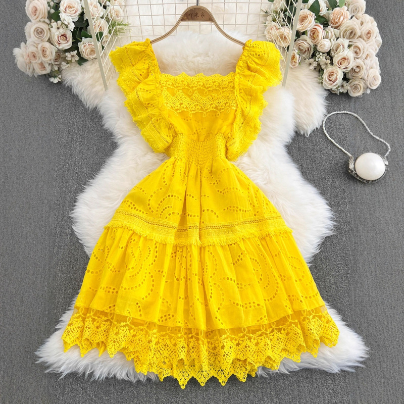 Carefully Selected Fugitive Princess Fluffy Skirt Summer New High-End Retro Small Flying Sleeves Waist Backless White Dress