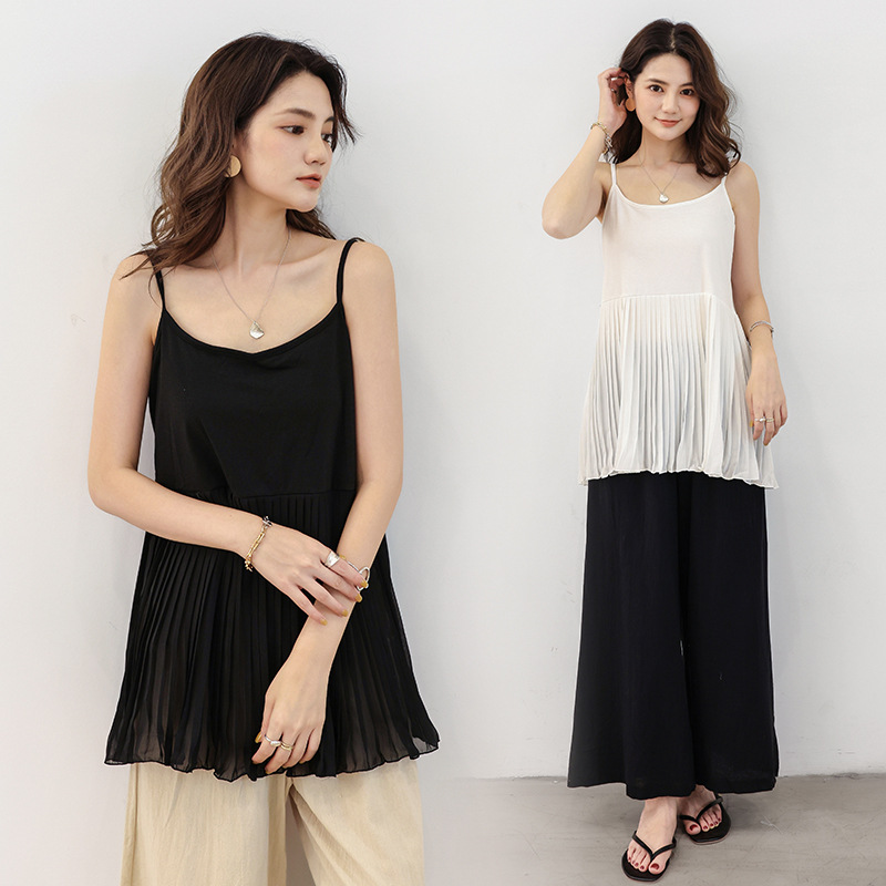 Summer Spliced Cotton Korean Style Solid Color Suspender Loose Short Halter Top for Inner Wear and Outer Wear Slimming Pleated Suspender Skirt