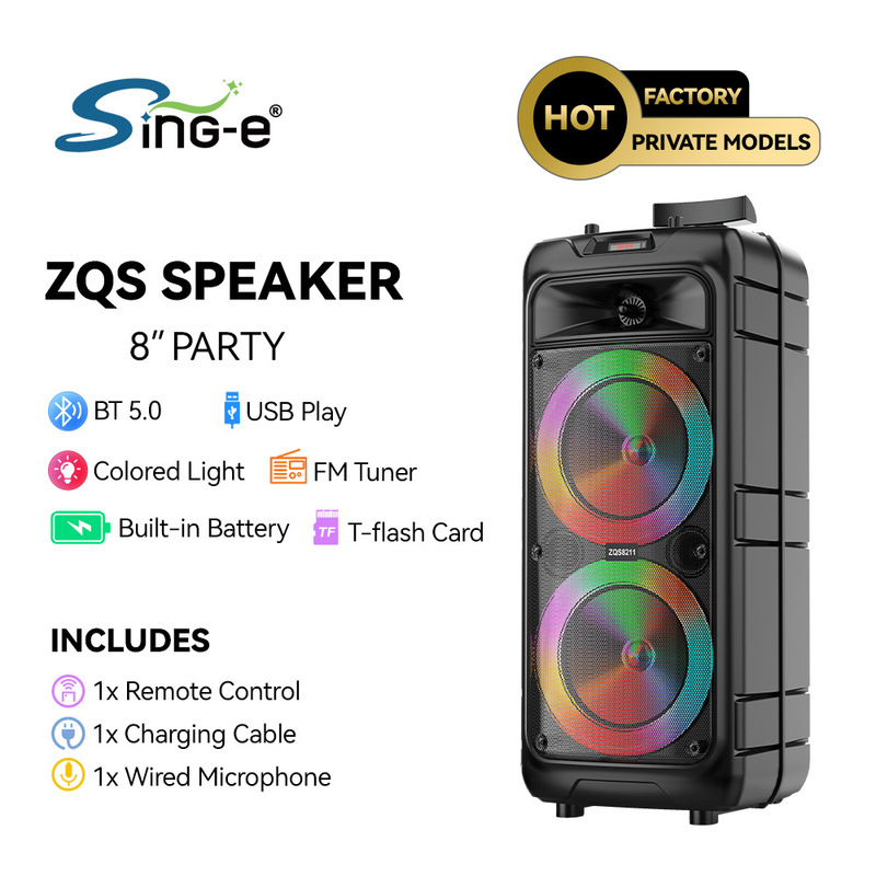SING-E ZQS-8211 工場ホットモデル デュアル 8inch Bluetooth スピーカー、マイク、リモコン、RGB ライト付き|undefined