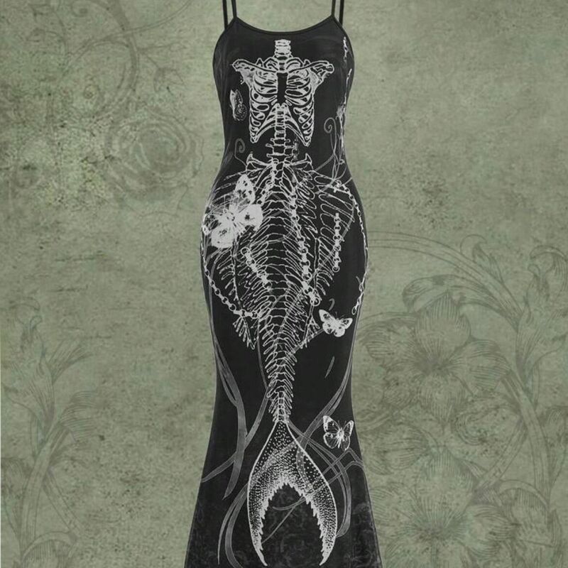 Y2K Millennial Hot Girl Dark Gothic Mermaid Skeleton Butterfly Print Strap Dress Women's Subculture Fishtail Dress Y2K Millennial Hot Girl Dark Gothic Mermaid Skeleton Butterfly Print Strap Dress Women's Subculture Fishtail Dress