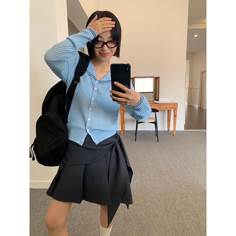 Allo Fu Korean Style Versatile Color-Blocking Navy Collar Knit Cardigan 2026 Spring New Model Women's Clothing 1170 Allo Fu Korean Style Versatile Color-Blocking Navy Collar Knit Cardigan 2026 Spring New Model Women's Clothing 1170