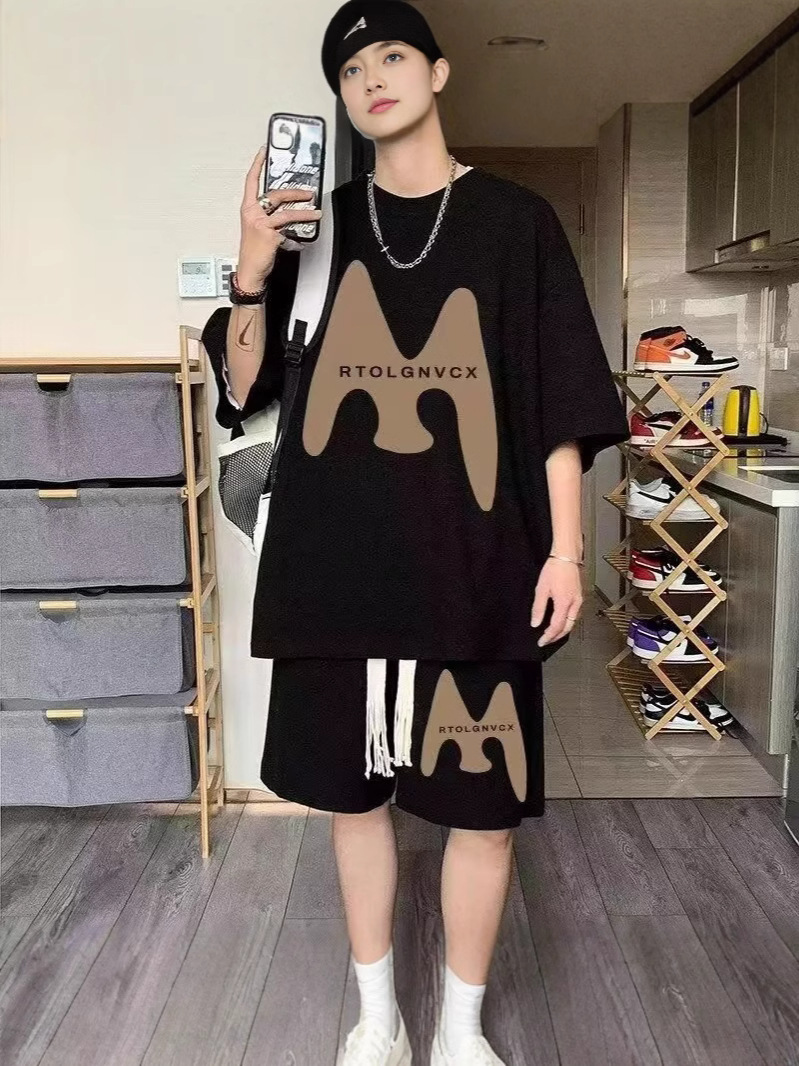 Camisas menos ropa verano para hombres nuevo waffle traje de manga corta deportes casuales de dos piezas en uno guapo y suelto