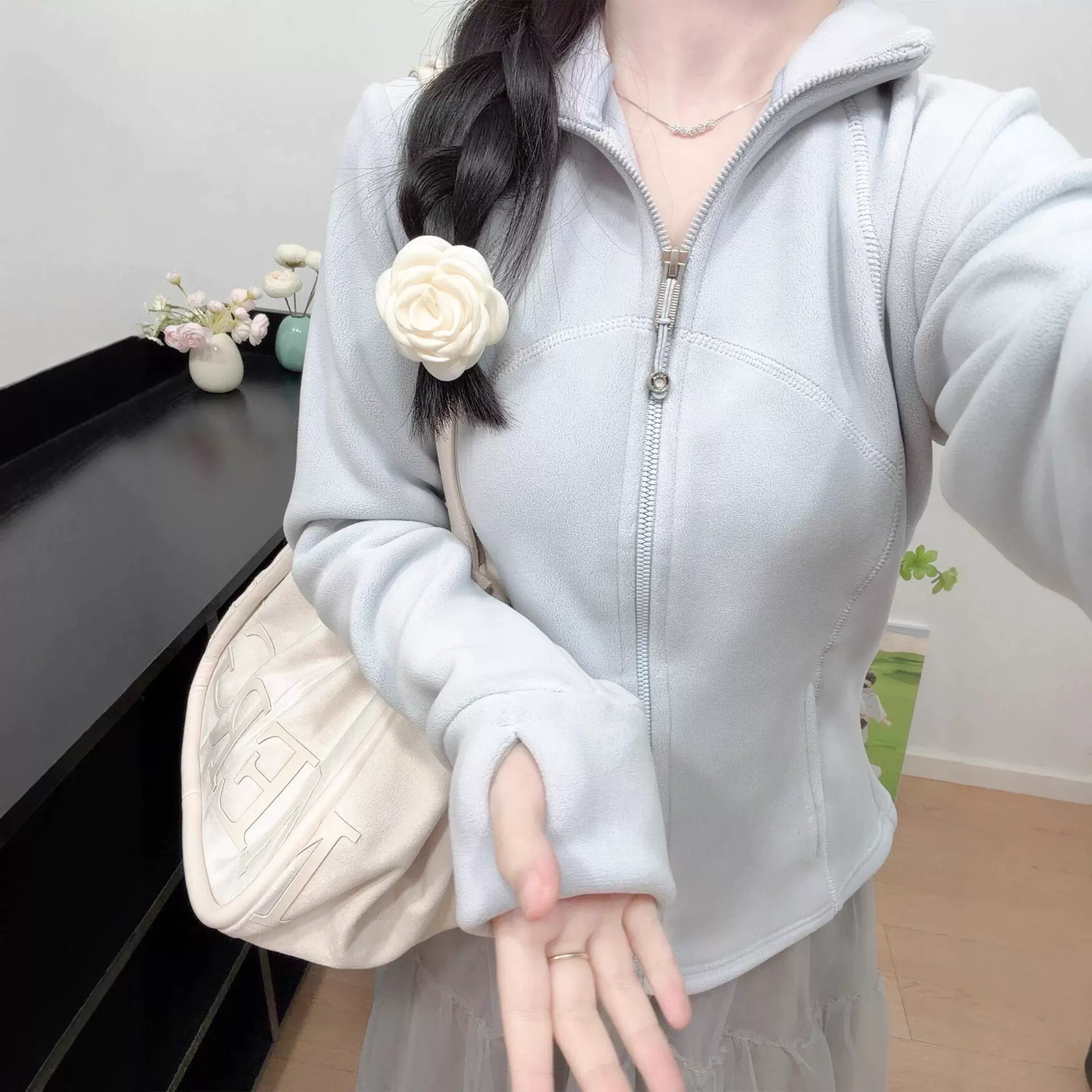 蓝色修身摇粒绒厚外套羽绒服内搭女初冬季抓绒内胆巨好看加绒卫衣