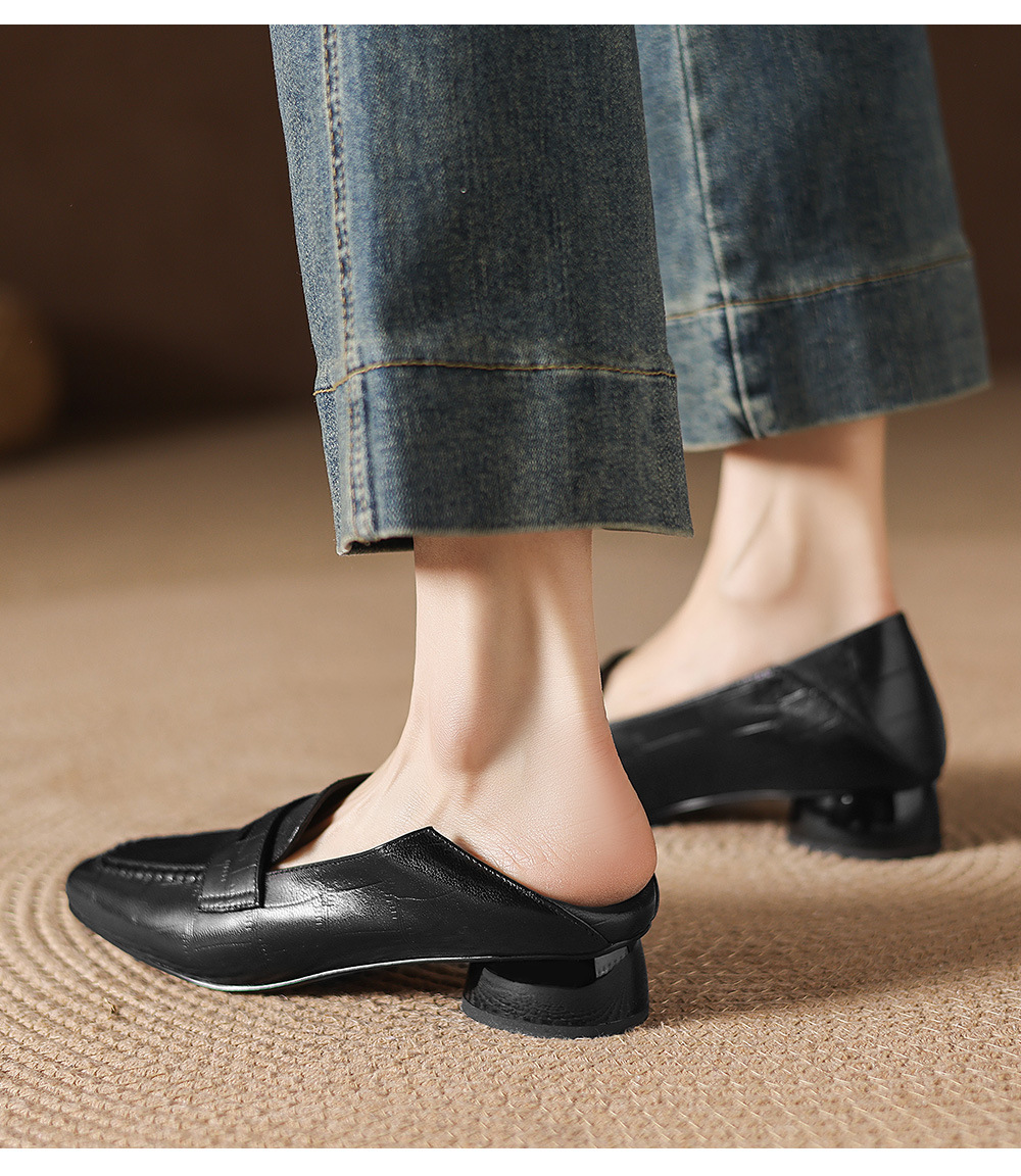 Giày loafer nữ da dê mũi vuông gót thấp cổ điển — đen chi tiết 15