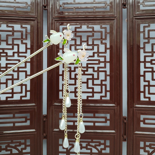 Jade Rabbit Flower Walking Shake Ancient Style Hairpin Exquisite Small Tassel Headdress Half-tied Hairpin Cheongsam Accessories for Women on the Back of the Head