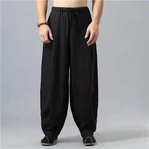 Pantalones deportivos de algodón y lino pantalones de verano de los hombres sueltos extra grandes pantalones de pierna ancha estilo chino cintura elástica tobillo-atado bloomers de práctica