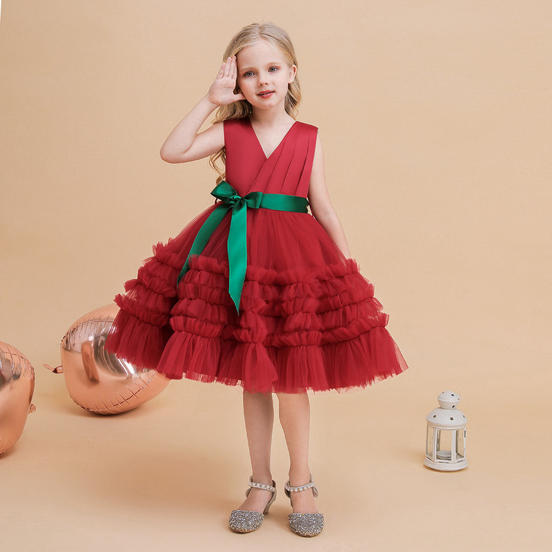 Amazon European and American Christmas New Children's Performance Dress Girls Mesh Princess Dress Baby One Year Birthday Dress