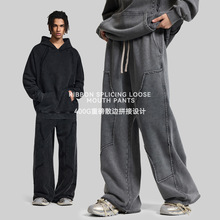 2025秋季美式潮牌宽松运动直筒卫裤男潮高街水洗散边拼接休闲长裤