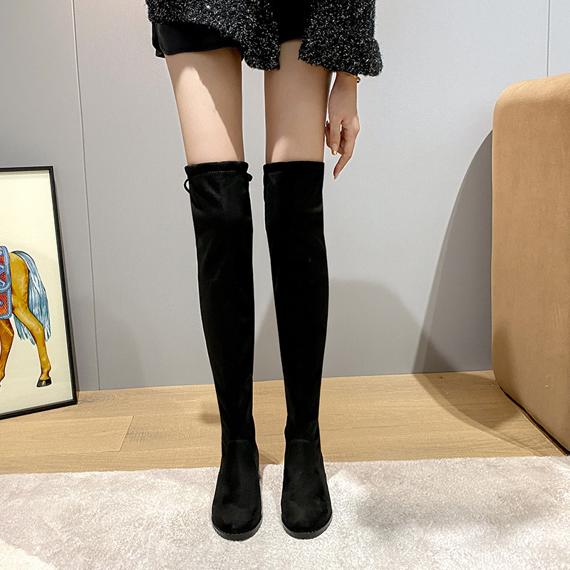 Botas sobre la rodilla para mujer 2020 Otoño e invierno nuevas botas largas forradas de vellón planas elásticas de tacón grueso botas altas delgadas image 4