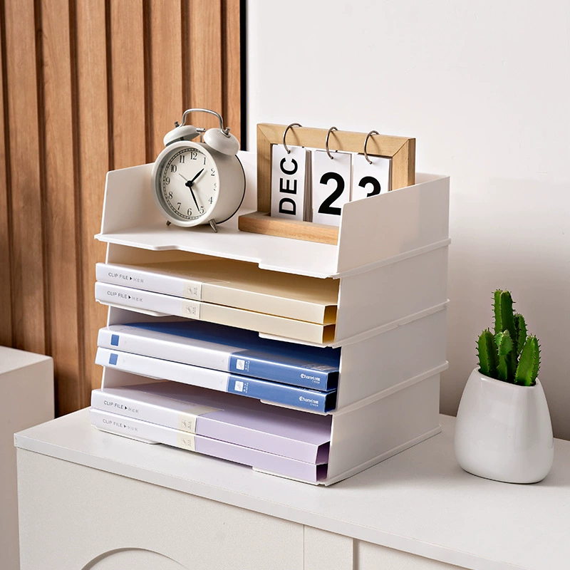 A4 Paper Storage Box, Horizontal Stackable Desktop File Rack, Pull-Out Station, White/Black
