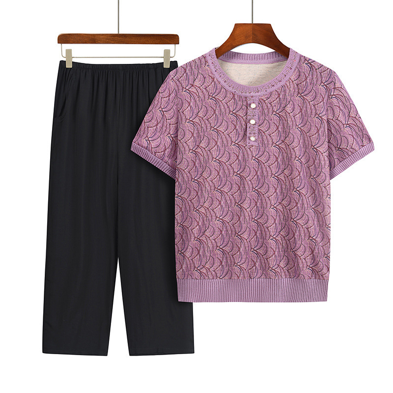 Middle-Aged and Elderly Women 50 Years Old Summer Knitted Knitwear Short-Sleeved New Top 2023 Mother's Wear Loose Casual Two-Piece Set