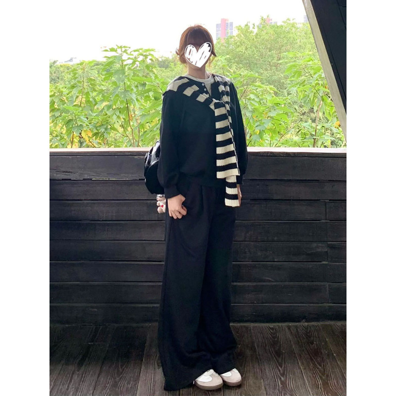 2025韩版学院风条纹披肩黑色运动卫衣休闲裤长裤三件套女早秋穿搭|undefined