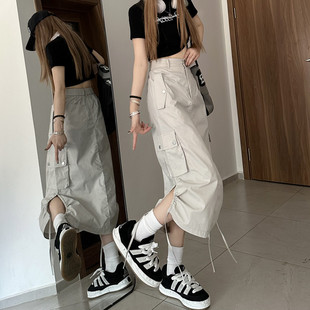 American Retro Workwear Skirt for Female Summer Students Drawstring Casual Skirt Design Slit Petite A-Line Skirt