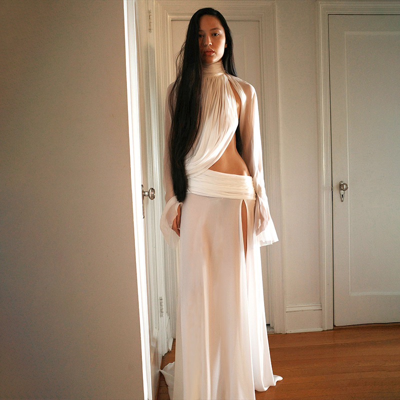Women's Winter Fashion High Neck Bell Sleeve Top And Slit Long Skirt Set Sexy See Through European American Style New_voghion.com