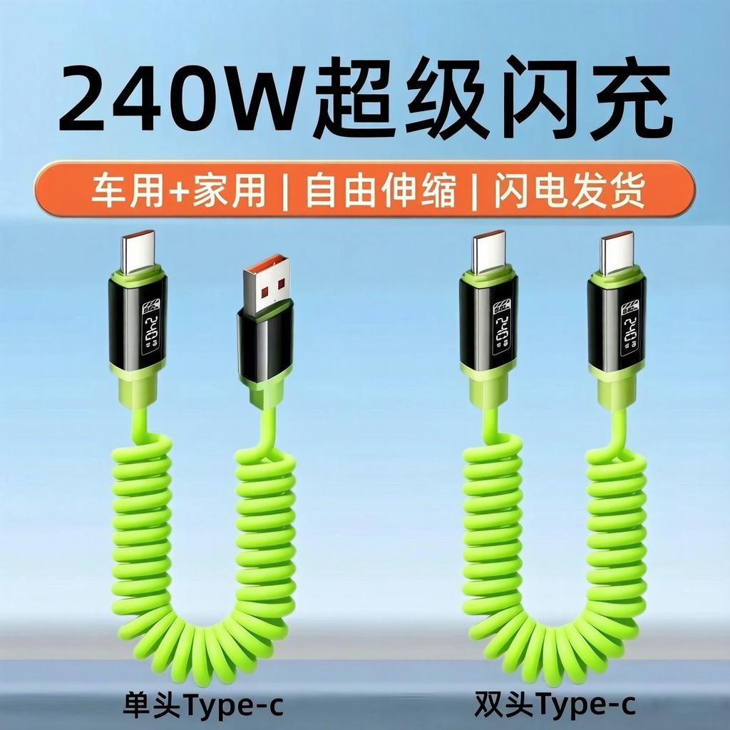 弹簧240W快充PD双Type-C适用苹果15/17华为macbook笔记本6A充电线